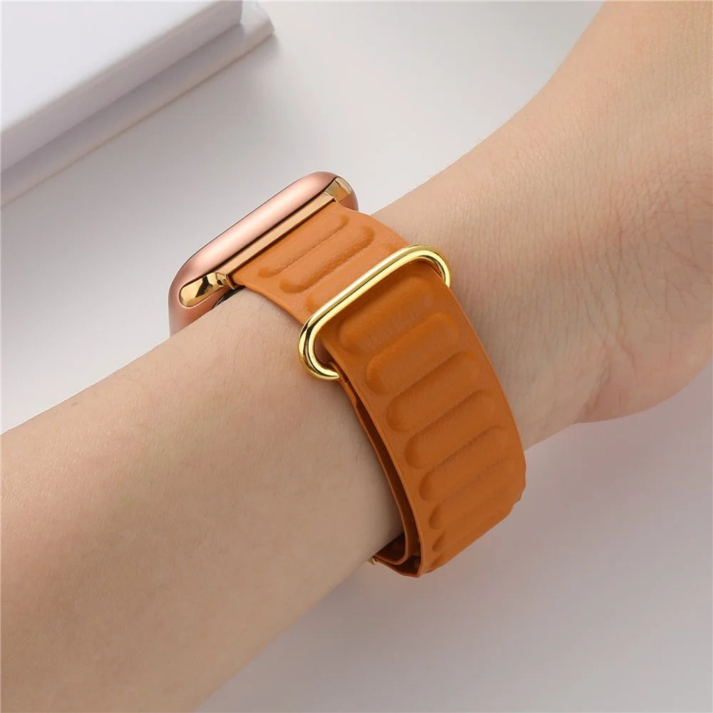Watch Strap for Apple Watch Series 11 10 42mm / 9 8 7 41mm / SE3 SE2 SE 6 5 4 40mm / 3 2 1 38mm Magnetic Watchband Genuine Cow Leather Watch Strap - Orange - 2