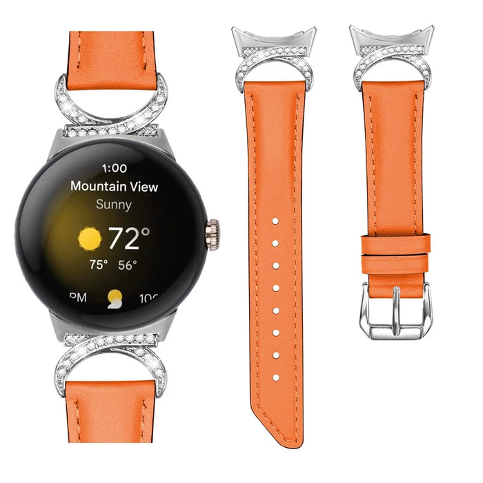 For Google Pixel Watch 4 41mm / Watch 3 41mm / Watch 2 / Watch Replacement Strap Rhinestone Decor D-Shape Connector Split Leather Wrist Band with Silver Buckle - Orange - 3