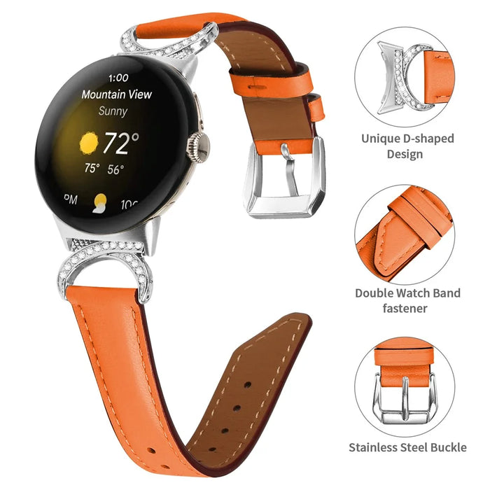 For Google Pixel Watch 4 41mm / Watch 3 41mm / Watch 2 / Watch Replacement Strap Rhinestone Decor D-Shape Connector Split Leather Wrist Band with Silver Buckle - Orange - 4