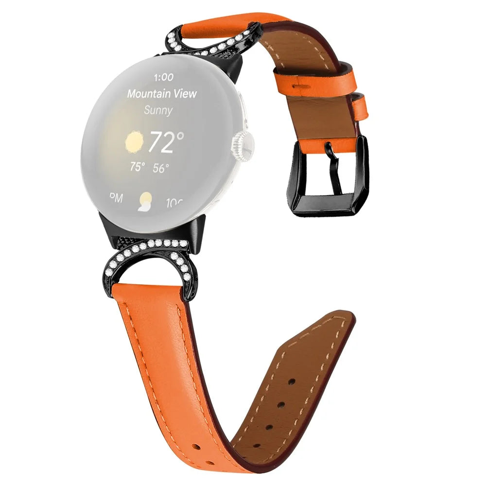 For Google Pixel Watch 4 41mm / Watch 3 41mm / Watch 2 / Watch Rhinestone Decor D-Shape Connector Split Leather Replacement Strap with Black Buckle - Orange - 1