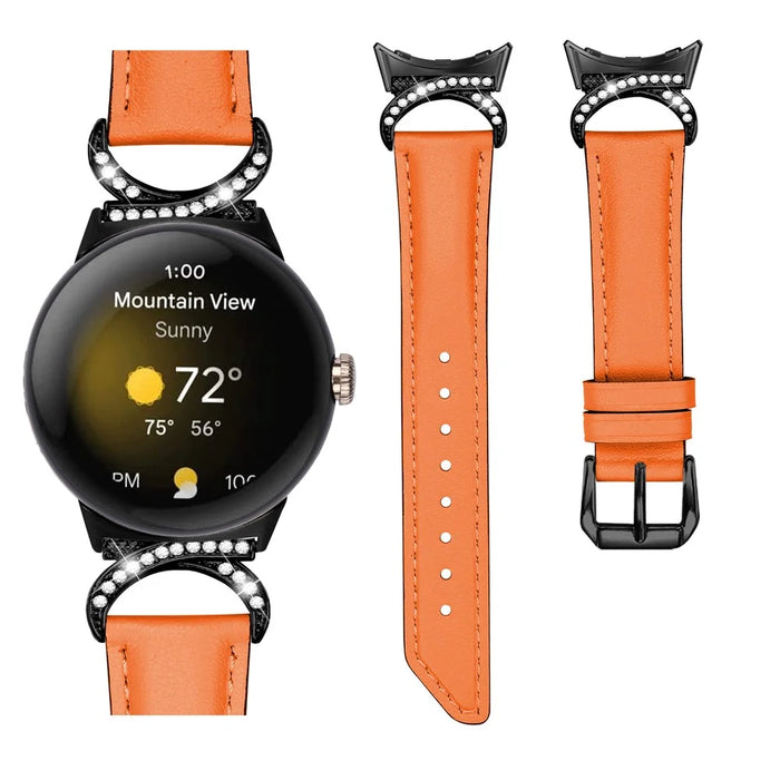 For Google Pixel Watch 4 41mm / Watch 3 41mm / Watch 2 / Watch Rhinestone Decor D-Shape Connector Split Leather Replacement Strap with Black Buckle - Orange - 3