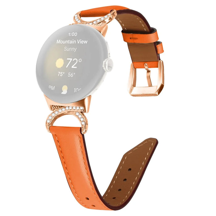 For Google Pixel Watch 4 41mm / Watch 3 41mm / Watch 2 / Watch Wrist Band Rhinestone Decor D-Shape Connector Split Leather Strap with Rose Gold Buckle - Orange - 1