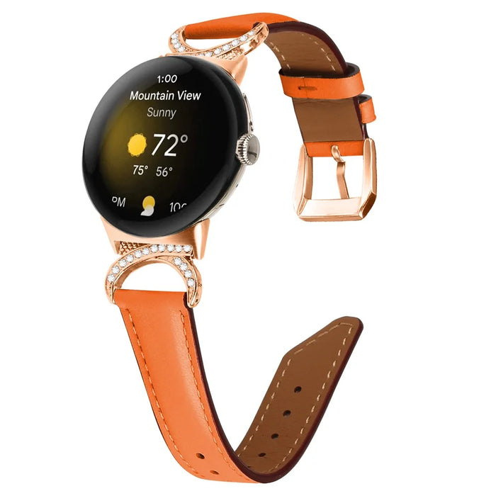For Google Pixel Watch 4 41mm / Watch 3 41mm / Watch 2 / Watch Wrist Band Rhinestone Decor D-Shape Connector Split Leather Strap with Rose Gold Buckle - Orange - 2
