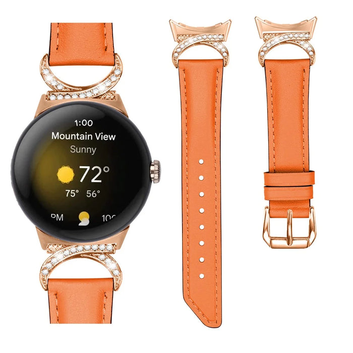 For Google Pixel Watch 4 41mm / Watch 3 41mm / Watch 2 / Watch Wrist Band Rhinestone Decor D-Shape Connector Split Leather Strap with Rose Gold Buckle - Orange - 3