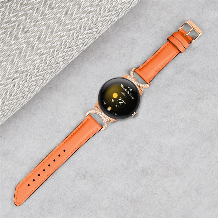For Google Pixel Watch 4 41mm / Watch 3 41mm / Watch 2 / Watch Wrist Band Rhinestone Decor D-Shape Connector Split Leather Strap with Rose Gold Buckle - Orange - 5