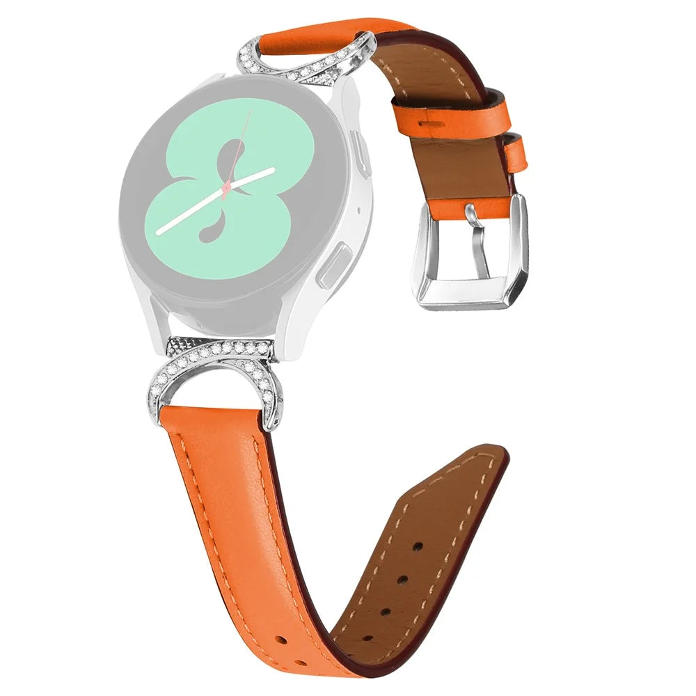 For Samsung Galaxy Watch 3 41mm / Watch 5 40mm / 44mm Replacement Strap 20mm Rhinestone D-shape Connector Split Leather Band with Silver Buckle - Orange - 1