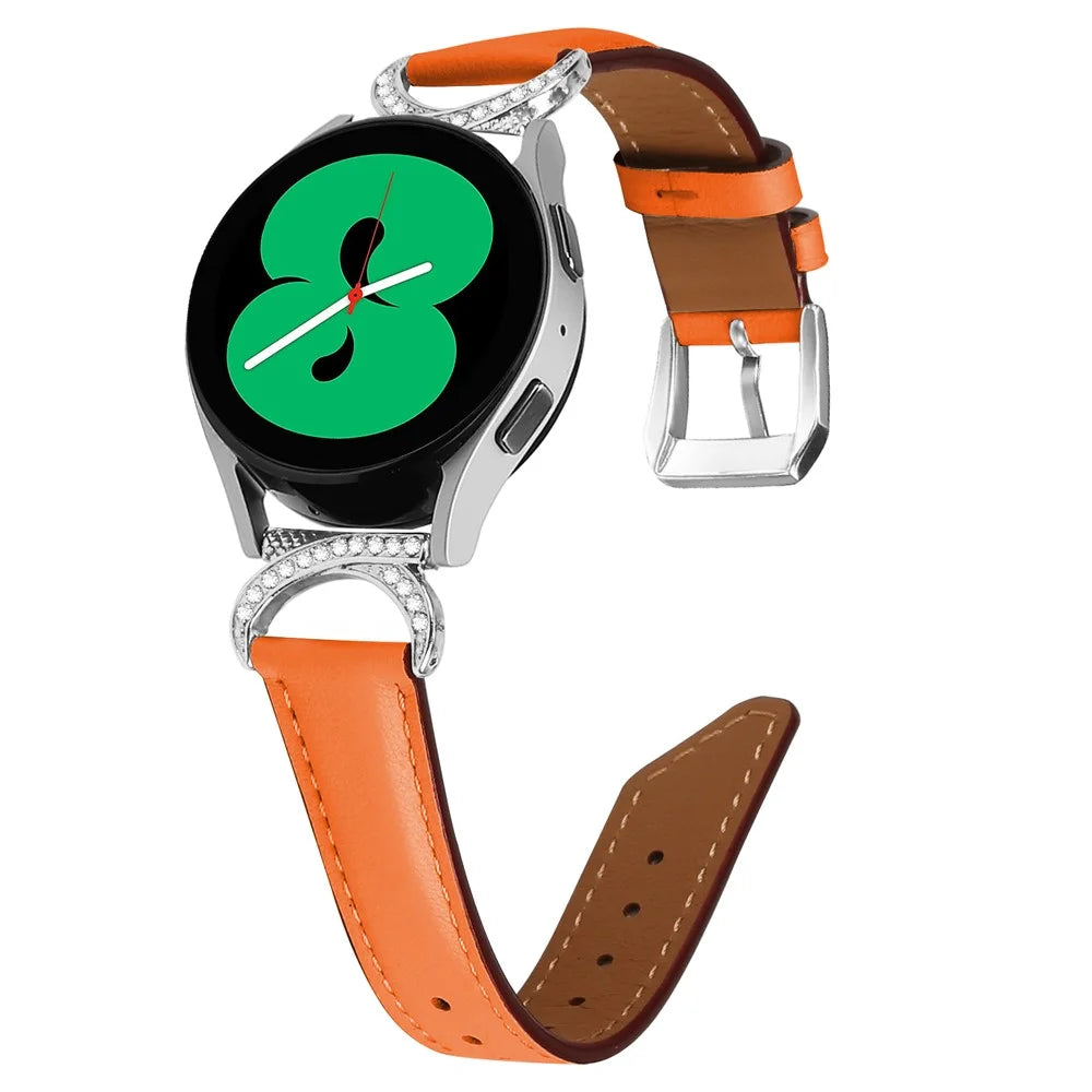 For Samsung Galaxy Watch 3 41mm / Watch 5 40mm / 44mm Replacement Strap 20mm Rhinestone D-shape Connector Split Leather Band with Silver Buckle - Orange - 2