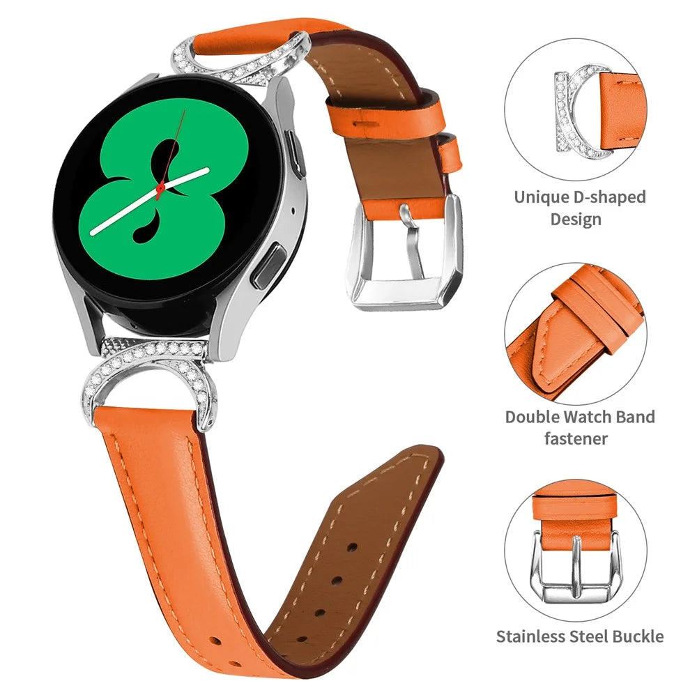 For Samsung Galaxy Watch 3 41mm / Watch 5 40mm / 44mm Replacement Strap 20mm Rhinestone D-shape Connector Split Leather Band with Silver Buckle - Orange - 4