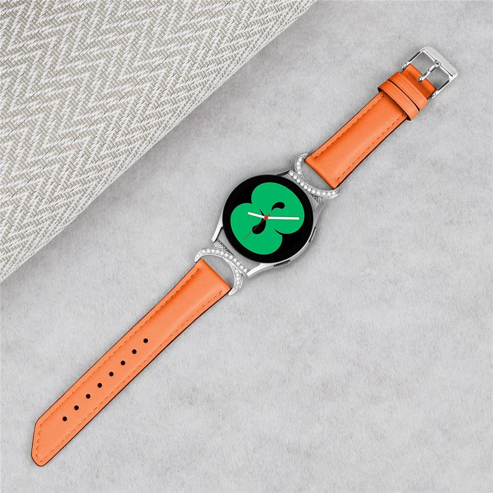 For Samsung Galaxy Watch 3 41mm / Watch 5 40mm / 44mm Replacement Strap 20mm Rhinestone D-shape Connector Split Leather Band with Silver Buckle - Orange - 5