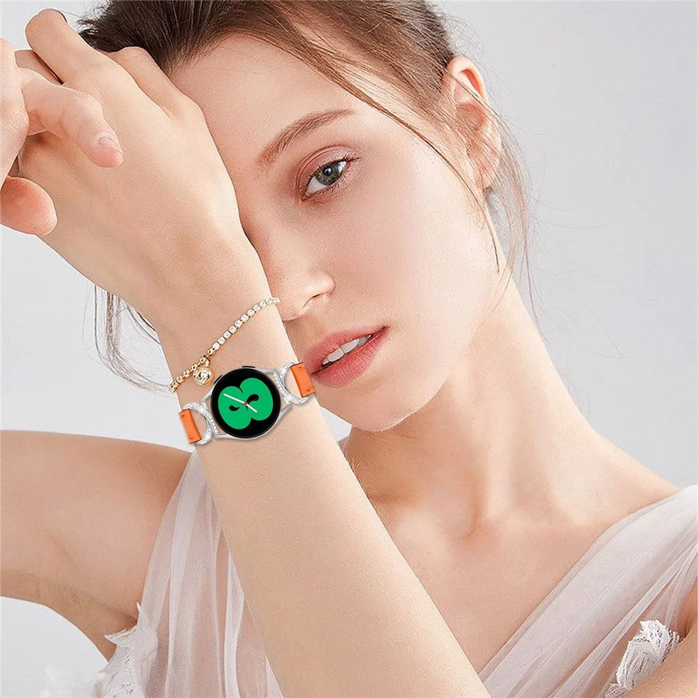 For Samsung Galaxy Watch 3 41mm / Watch 5 40mm / 44mm Replacement Strap 20mm Rhinestone D-shape Connector Split Leather Band with Silver Buckle - Orange - 7