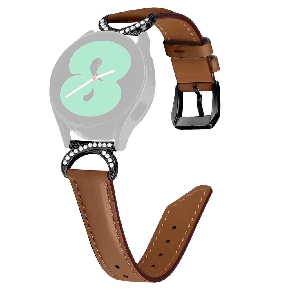 For Samsung Galaxy Watch 3 41mm / Watch 5 40mm / 44mm Replacement Wrist Band 20mm Rhinestone D-shape Connector Split Leather Strap with Black Buckle - Brown - 1