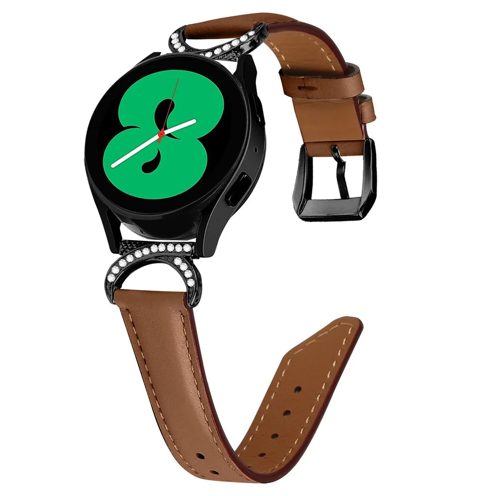 For Samsung Galaxy Watch 3 41mm / Watch 5 40mm / 44mm Replacement Wrist Band 20mm Rhinestone D-shape Connector Split Leather Strap with Black Buckle - Brown - 2