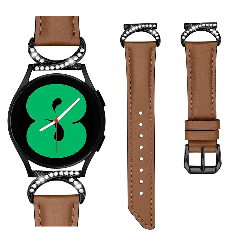 For Samsung Galaxy Watch 3 41mm / Watch 5 40mm / 44mm Replacement Wrist Band 20mm Rhinestone D-shape Connector Split Leather Strap with Black Buckle - Brown - 3
