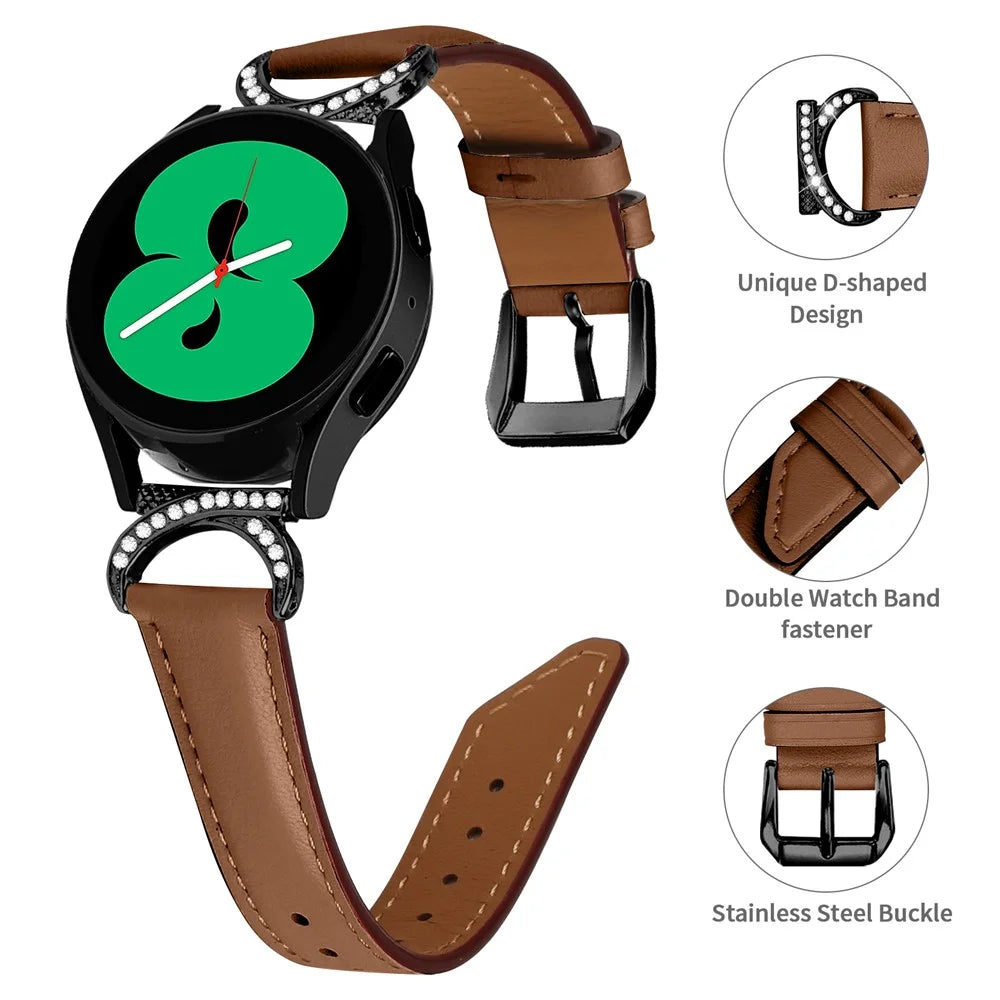 For Samsung Galaxy Watch 3 41mm / Watch 5 40mm / 44mm Replacement Wrist Band 20mm Rhinestone D-shape Connector Split Leather Strap with Black Buckle - Brown - 4