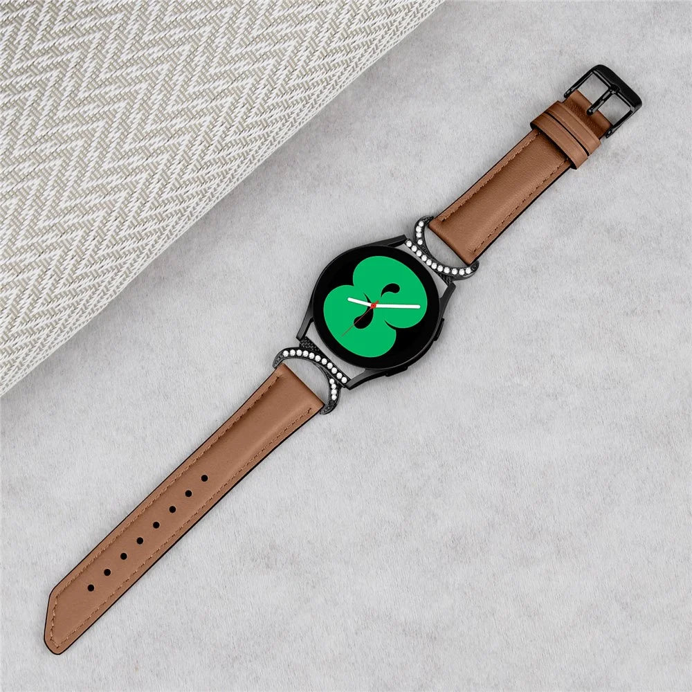 For Samsung Galaxy Watch 3 41mm / Watch 5 40mm / 44mm Replacement Wrist Band 20mm Rhinestone D-shape Connector Split Leather Strap with Black Buckle - Brown - 5