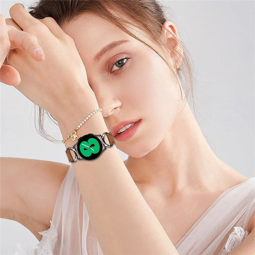 For Samsung Galaxy Watch 3 41mm / Watch 5 40mm / 44mm Replacement Wrist Band 20mm Rhinestone D-shape Connector Split Leather Strap with Black Buckle - Brown - 7