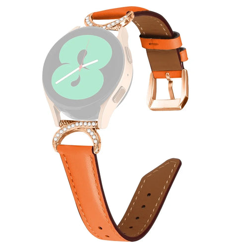 For Samsung Galaxy Watch 3 41mm / Watch 5 40mm / 44mm Split Leather Strap 20mm Rhinestone D-shape Connector Wrist Band with Rose Gold Buckle - Orange - 1