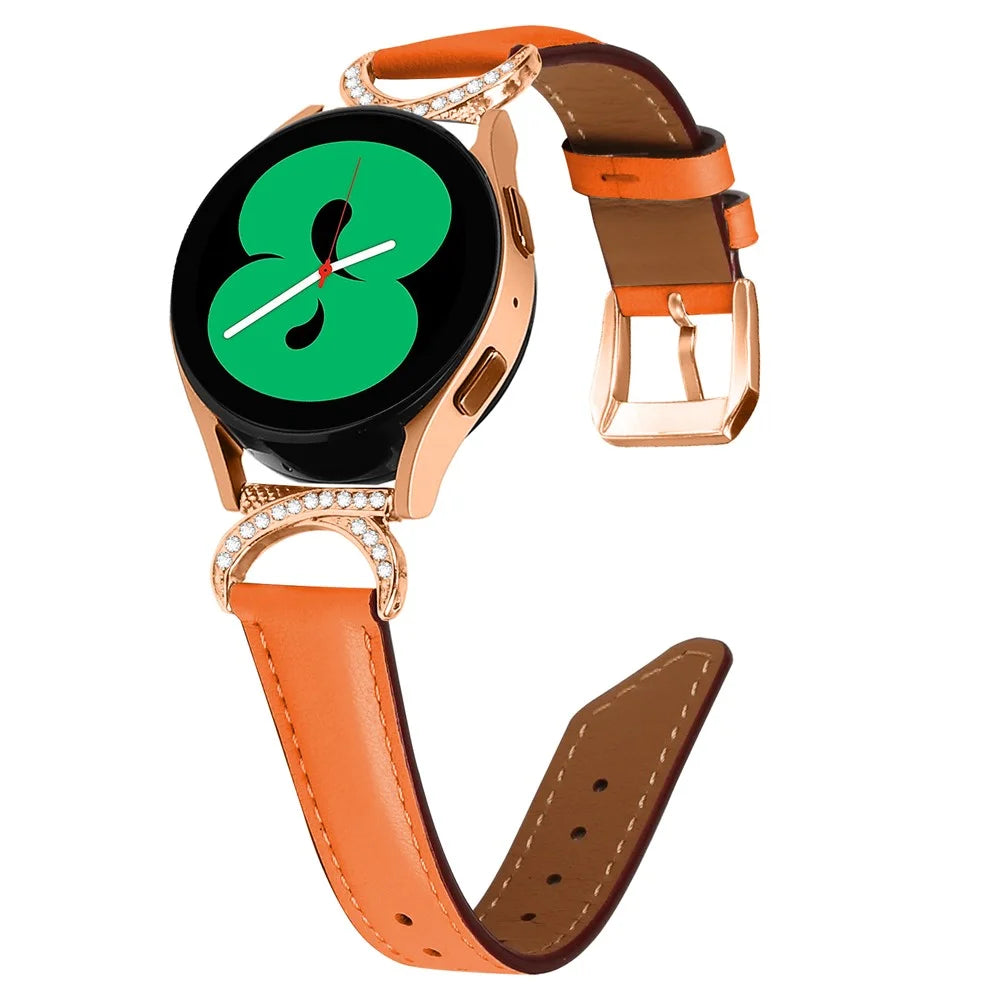 For Samsung Galaxy Watch 3 41mm / Watch 5 40mm / 44mm Split Leather Strap 20mm Rhinestone D-shape Connector Wrist Band with Rose Gold Buckle - Orange - 2