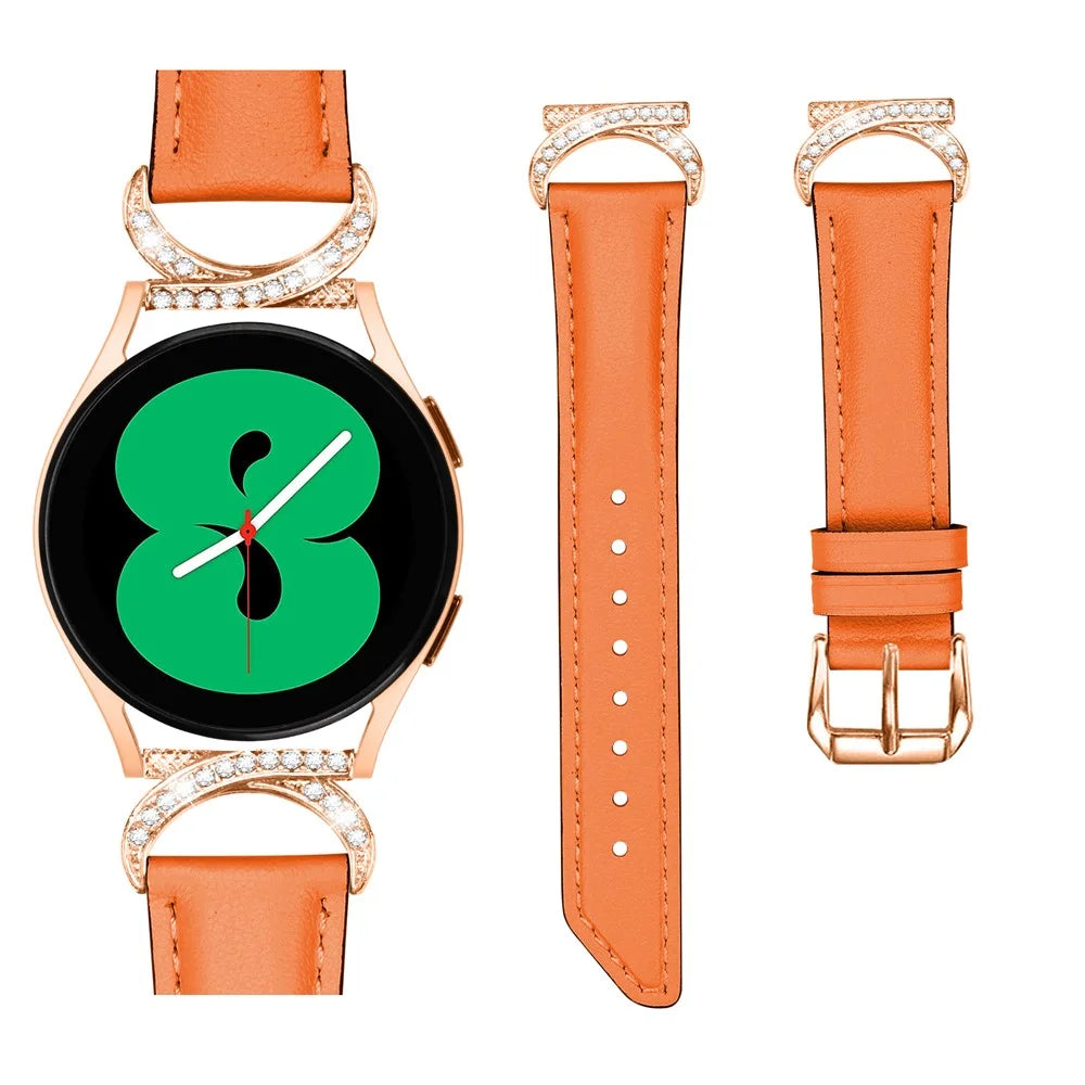 For Samsung Galaxy Watch 3 41mm / Watch 5 40mm / 44mm Split Leather Strap 20mm Rhinestone D-shape Connector Wrist Band with Rose Gold Buckle - Orange - 3