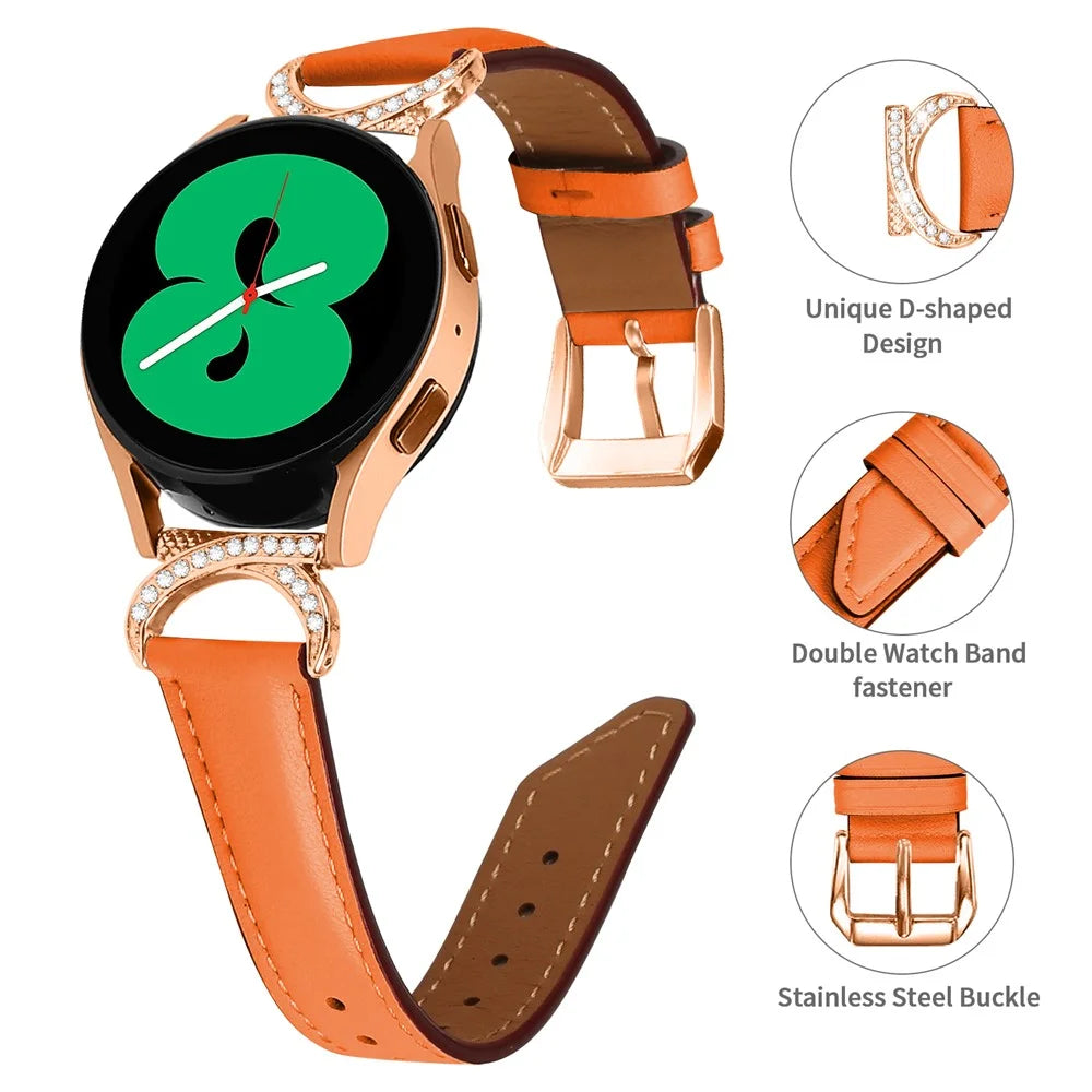For Samsung Galaxy Watch 3 41mm / Watch 5 40mm / 44mm Split Leather Strap 20mm Rhinestone D-shape Connector Wrist Band with Rose Gold Buckle - Orange - 4