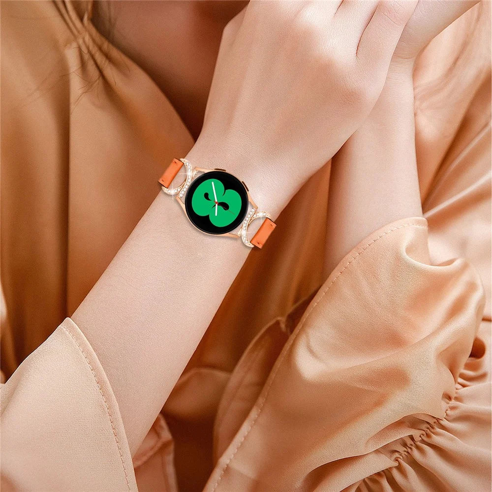 For Samsung Galaxy Watch 3 41mm / Watch 5 40mm / 44mm Split Leather Strap 20mm Rhinestone D-shape Connector Wrist Band with Rose Gold Buckle - Orange - 6