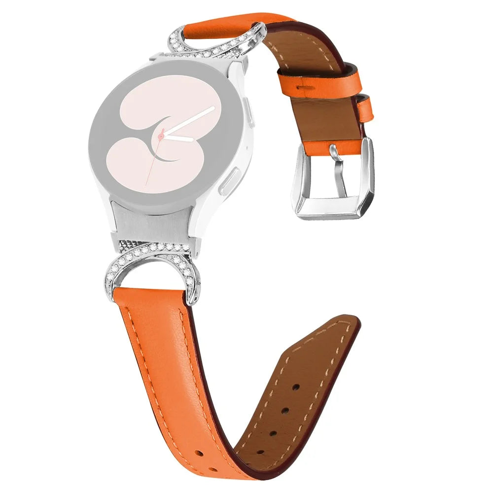 For Samsung Galaxy Watch6 40mm 44mm / Watch6 Classic 43mm 47mm / Watch 5 40mm 44mm / Watch4 40mm 44mm Replacement Split Leather Strap Rhinestone D-shape Connector Wrist Band with Silver Buckle - Orange - 1