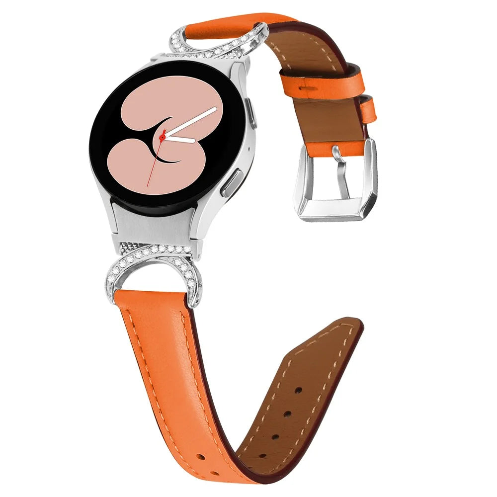 For Samsung Galaxy Watch6 40mm 44mm / Watch6 Classic 43mm 47mm / Watch 5 40mm 44mm / Watch4 40mm 44mm Replacement Split Leather Strap Rhinestone D-shape Connector Wrist Band with Silver Buckle - Orange - 2