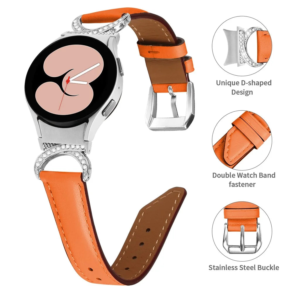 For Samsung Galaxy Watch6 40mm 44mm / Watch6 Classic 43mm 47mm / Watch 5 40mm 44mm / Watch4 40mm 44mm Replacement Split Leather Strap Rhinestone D-shape Connector Wrist Band with Silver Buckle - Orange - 4