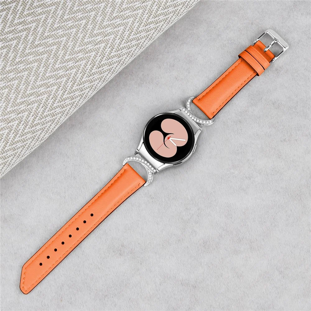 For Samsung Galaxy Watch6 40mm 44mm / Watch6 Classic 43mm 47mm / Watch 5 40mm 44mm / Watch4 40mm 44mm Replacement Split Leather Strap Rhinestone D-shape Connector Wrist Band with Silver Buckle - Orange - 5