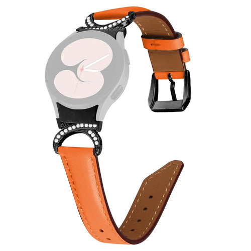 For Samsung Galaxy Watch6 40mm 44mm / Watch6 Classic 43mm 47mm / Watch 5 40mm 44mm / Watch4 40mm 44mm Split Leather Strap Rhinestone D-shape Connector Replacement Band with Black Buckle - Orange - 1