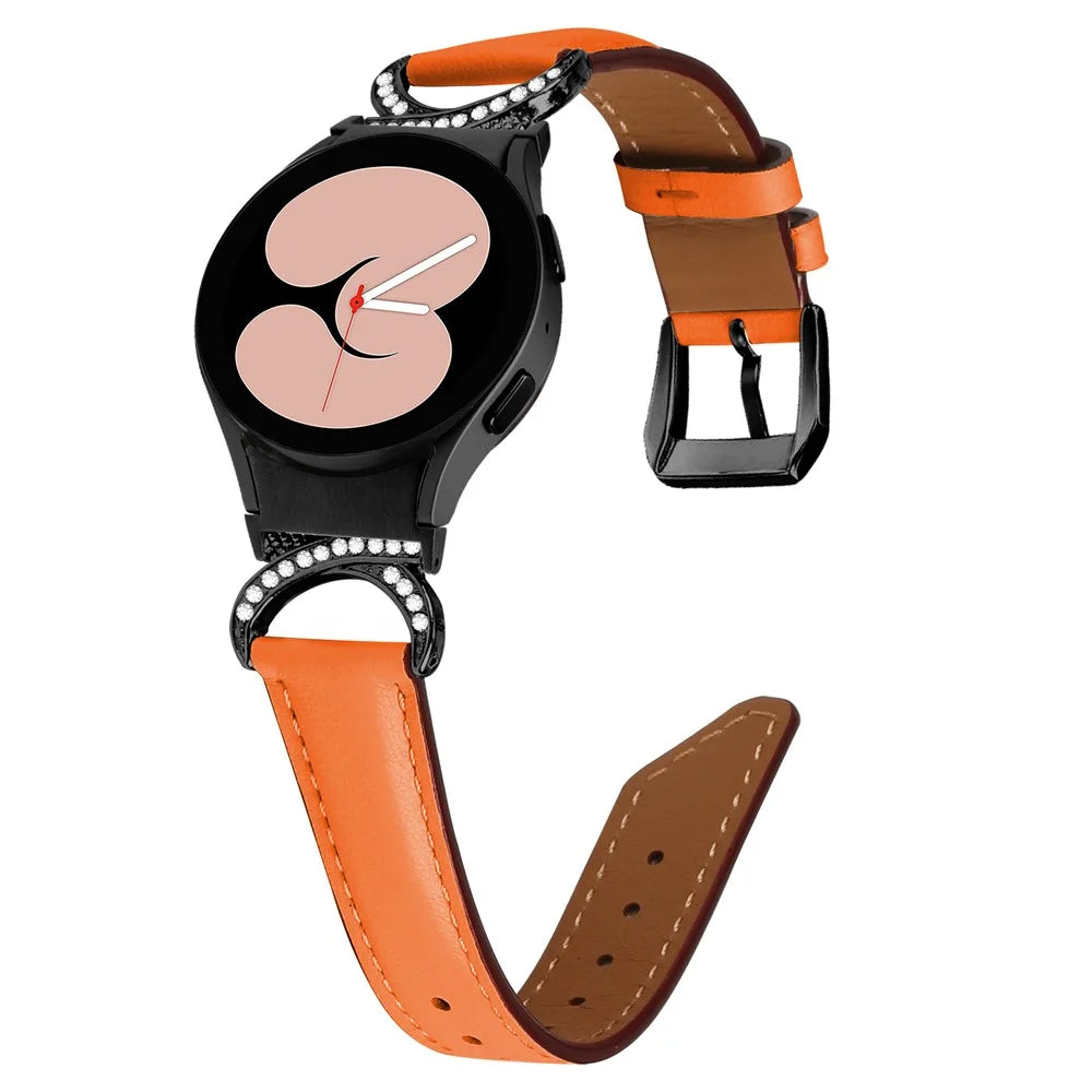 For Samsung Galaxy Watch6 40mm 44mm / Watch6 Classic 43mm 47mm / Watch 5 40mm 44mm / Watch4 40mm 44mm Split Leather Strap Rhinestone D-shape Connector Replacement Band with Black Buckle - Orange - 2