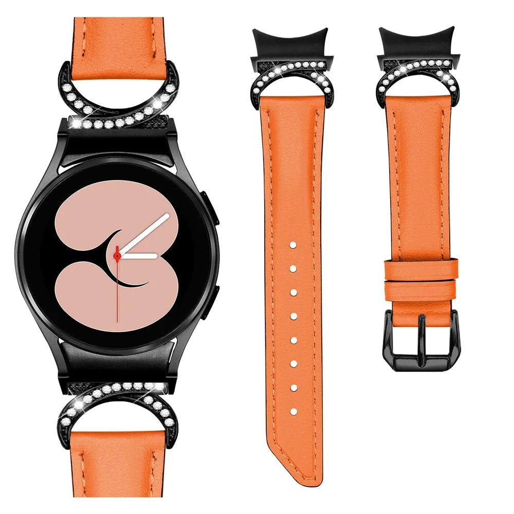 For Samsung Galaxy Watch6 40mm 44mm / Watch6 Classic 43mm 47mm / Watch 5 40mm 44mm / Watch4 40mm 44mm Split Leather Strap Rhinestone D-shape Connector Replacement Band with Black Buckle - Orange - 3