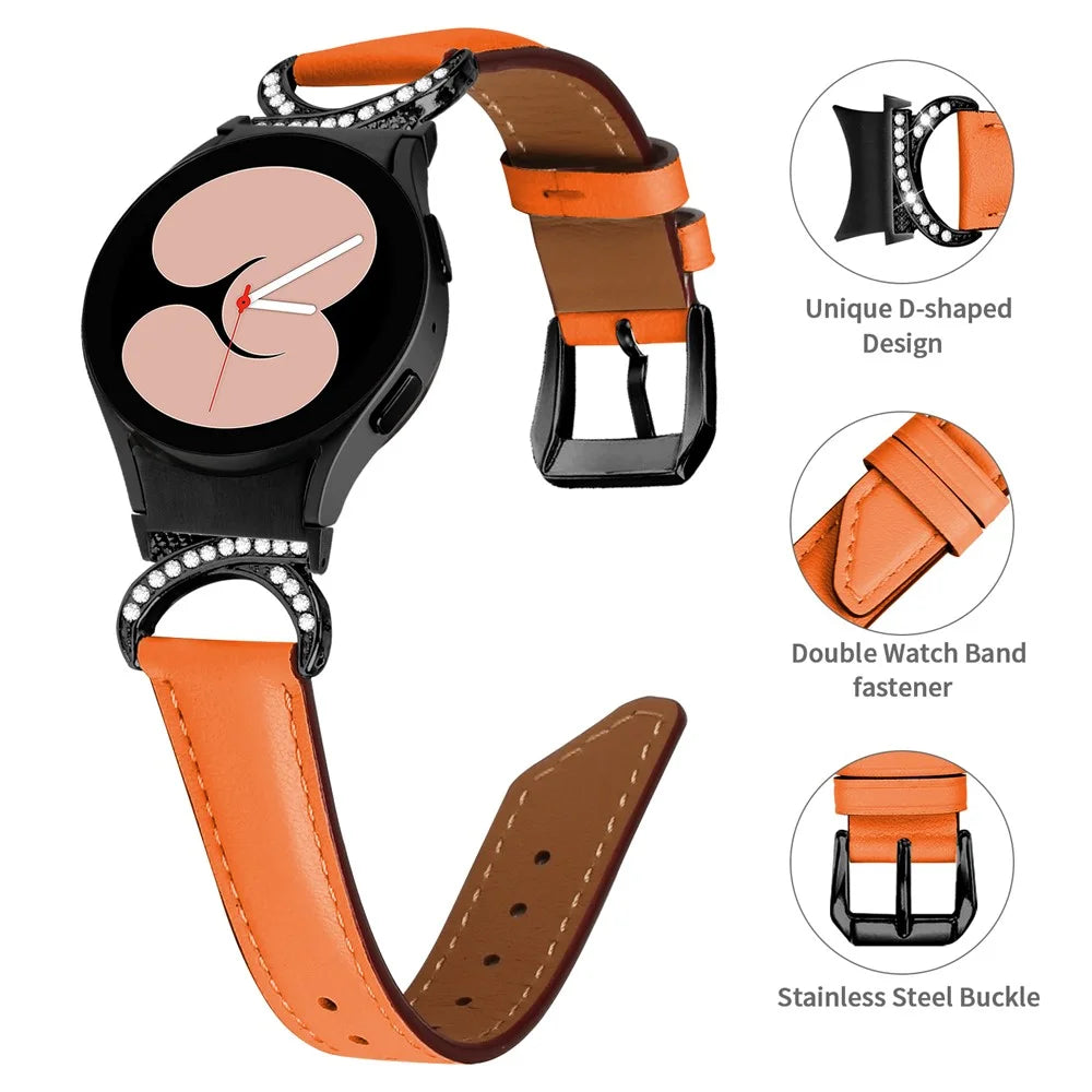For Samsung Galaxy Watch6 40mm 44mm / Watch6 Classic 43mm 47mm / Watch 5 40mm 44mm / Watch4 40mm 44mm Split Leather Strap Rhinestone D-shape Connector Replacement Band with Black Buckle - Orange - 4