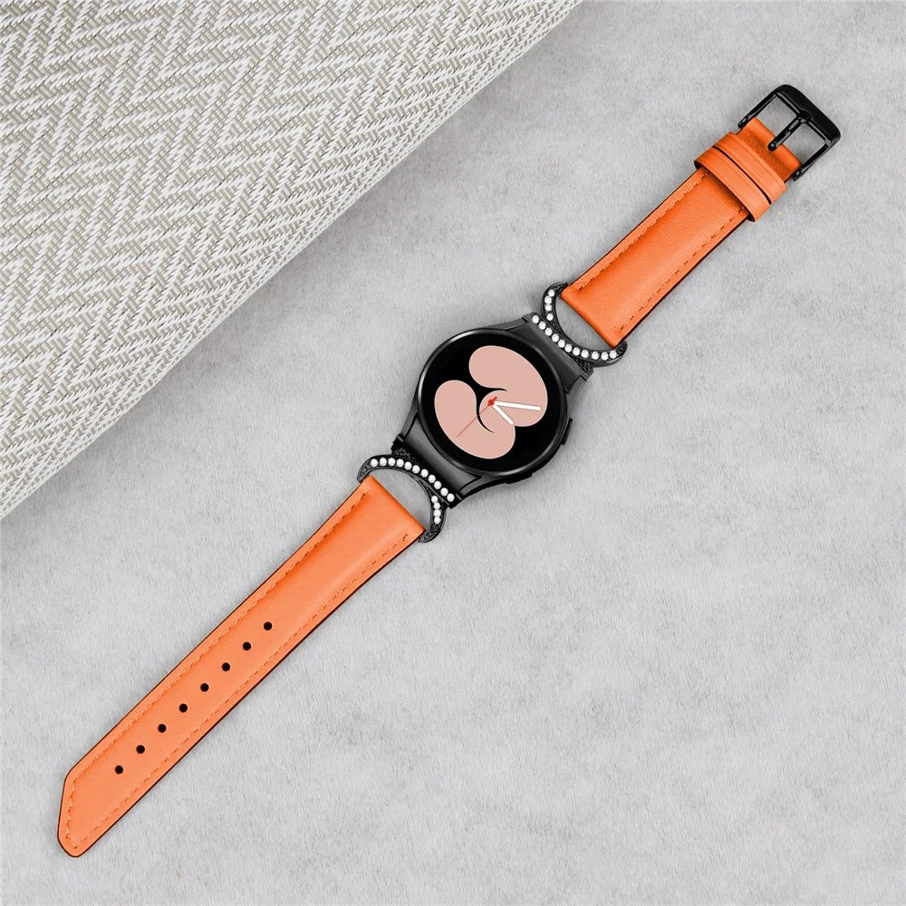 For Samsung Galaxy Watch6 40mm 44mm / Watch6 Classic 43mm 47mm / Watch 5 40mm 44mm / Watch4 40mm 44mm Split Leather Strap Rhinestone D-shape Connector Replacement Band with Black Buckle - Orange - 5