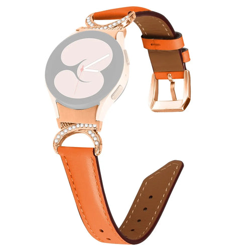 For Samsung Galaxy Watch6 40mm 44mm / Watch6 Classic 43mm 47mm / Watch 5 40mm 44mm / Watch4 40mm 44mm Rhinestone D-shape Connector Wrist Band Adjustable Split Leather Strap with Rose Gold Buckle - Orange - 1