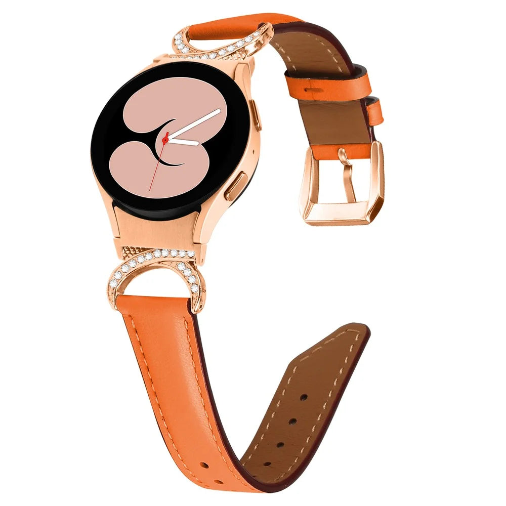 For Samsung Galaxy Watch6 40mm 44mm / Watch6 Classic 43mm 47mm / Watch 5 40mm 44mm / Watch4 40mm 44mm Rhinestone D-shape Connector Wrist Band Adjustable Split Leather Strap with Rose Gold Buckle - Orange - 2