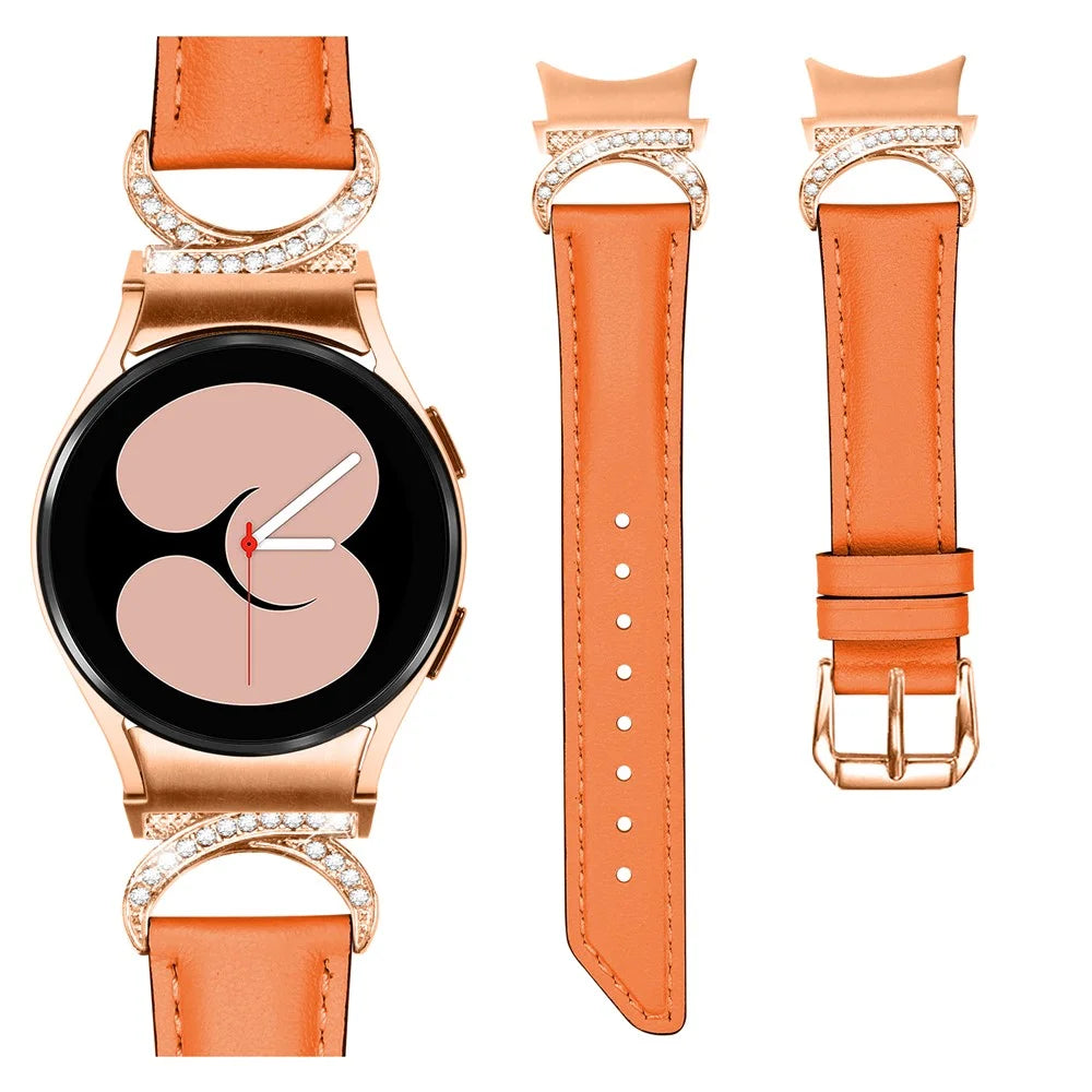For Samsung Galaxy Watch6 40mm 44mm / Watch6 Classic 43mm 47mm / Watch 5 40mm 44mm / Watch4 40mm 44mm Rhinestone D-shape Connector Wrist Band Adjustable Split Leather Strap with Rose Gold Buckle - Orange - 3