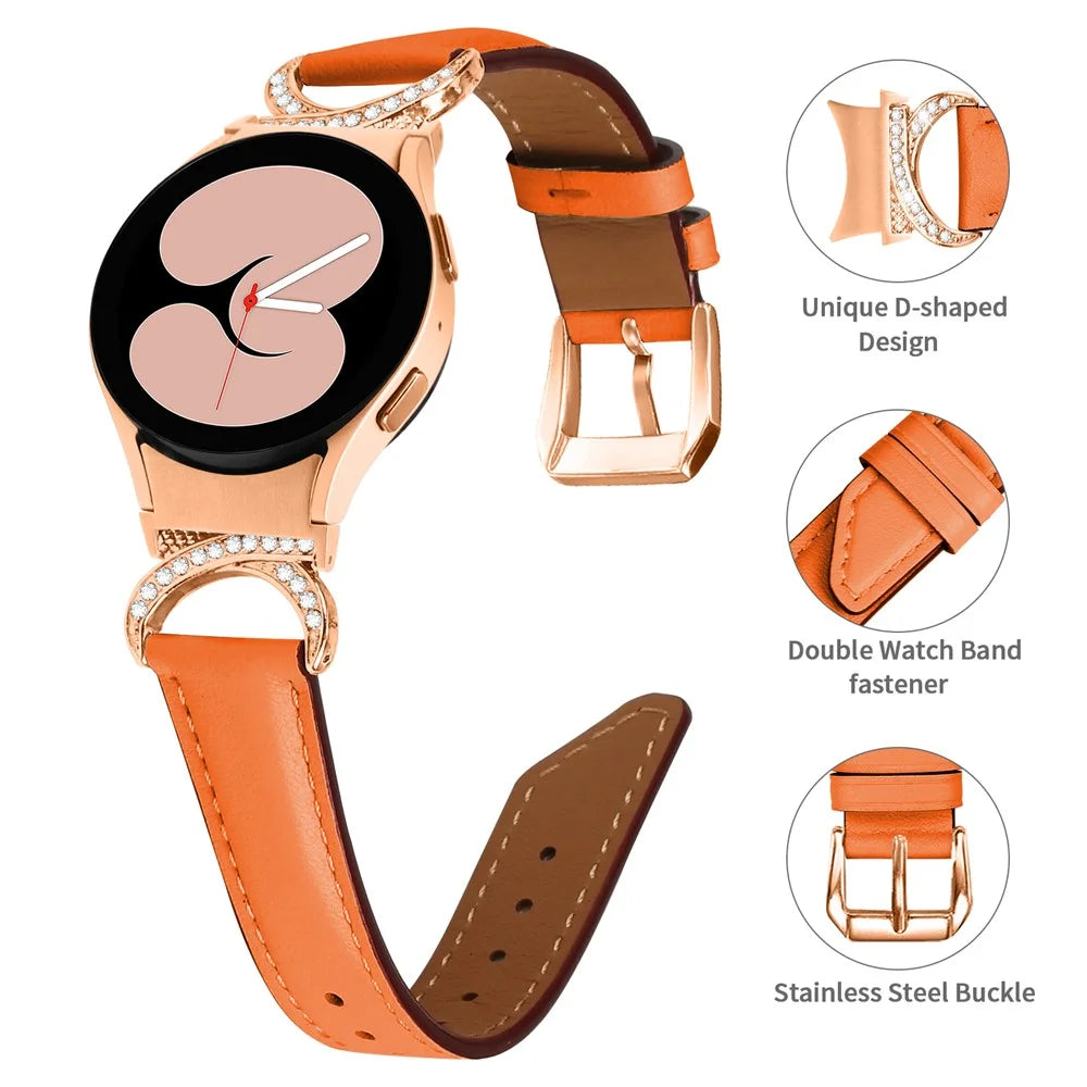 For Samsung Galaxy Watch6 40mm 44mm / Watch6 Classic 43mm 47mm / Watch 5 40mm 44mm / Watch4 40mm 44mm Rhinestone D-shape Connector Wrist Band Adjustable Split Leather Strap with Rose Gold Buckle - Orange - 4