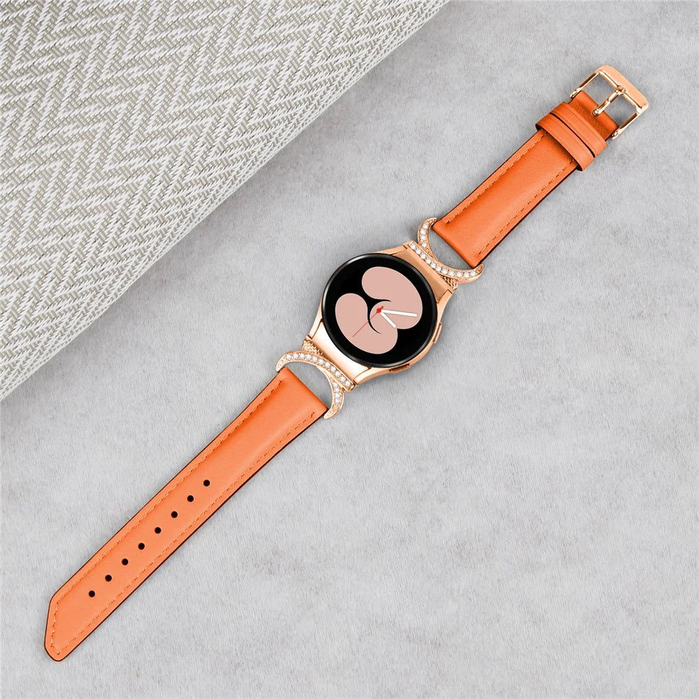 For Samsung Galaxy Watch6 40mm 44mm / Watch6 Classic 43mm 47mm / Watch 5 40mm 44mm / Watch4 40mm 44mm Rhinestone D-shape Connector Wrist Band Adjustable Split Leather Strap with Rose Gold Buckle - Orange - 5