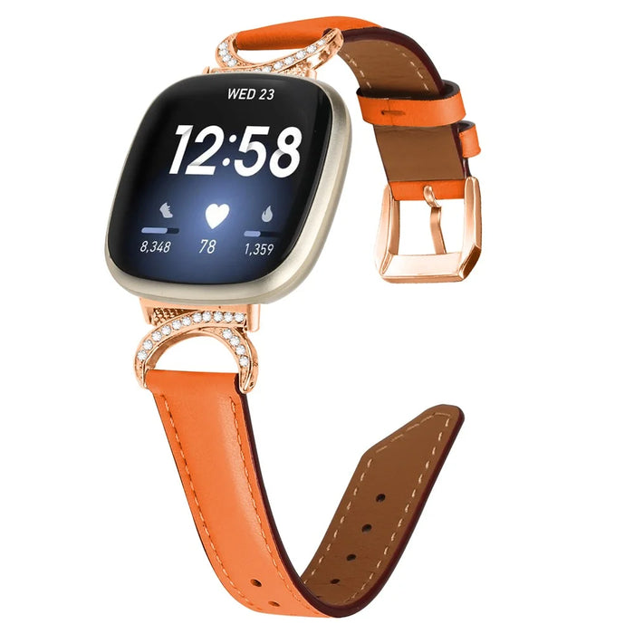 For Fitbit Versa 3 / Versa 4 / Sense / Sense 2 Wrist Band Rhinestone D-shape Connector Split Leather Adjustable Strap with Rose Gold Buckle - Orange - 2