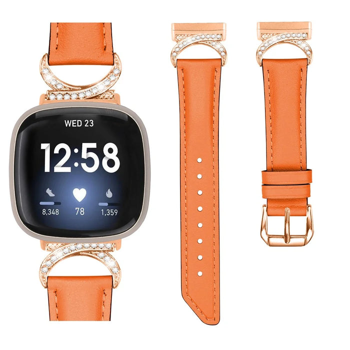 For Fitbit Versa 3 / Versa 4 / Sense / Sense 2 Wrist Band Rhinestone D-shape Connector Split Leather Adjustable Strap with Rose Gold Buckle - Orange - 3