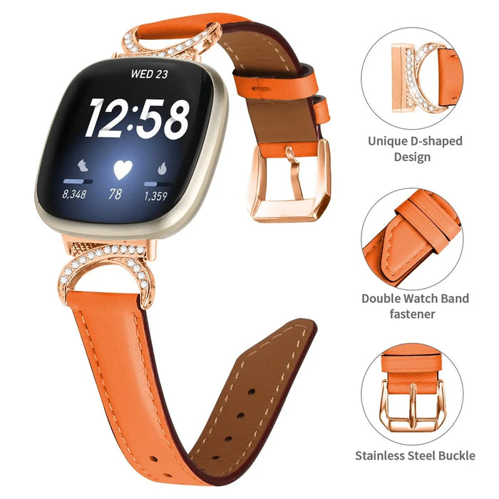 For Fitbit Versa 3 / Versa 4 / Sense / Sense 2 Wrist Band Rhinestone D-shape Connector Split Leather Adjustable Strap with Rose Gold Buckle - Orange - 4