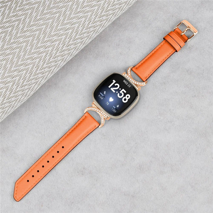 For Fitbit Versa 3 / Versa 4 / Sense / Sense 2 Wrist Band Rhinestone D-shape Connector Split Leather Adjustable Strap with Rose Gold Buckle - Orange - 5