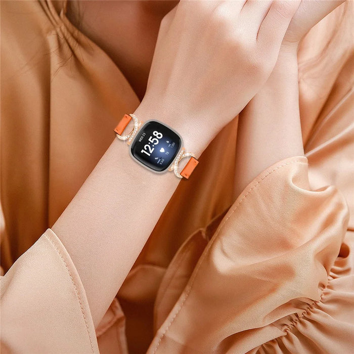 For Fitbit Versa 3 / Versa 4 / Sense / Sense 2 Wrist Band Rhinestone D-shape Connector Split Leather Adjustable Strap with Rose Gold Buckle - Orange - 6