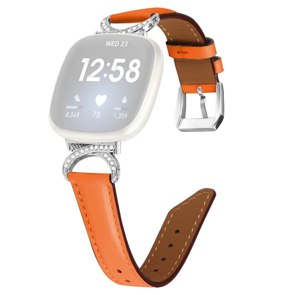 For Fitbit Versa 3 / Versa 4 / Sense / Sense 2 Rhinestone D-shape Connector Wrist Band Split Leather Watch Strap with Silver Buckle - Orange - 1