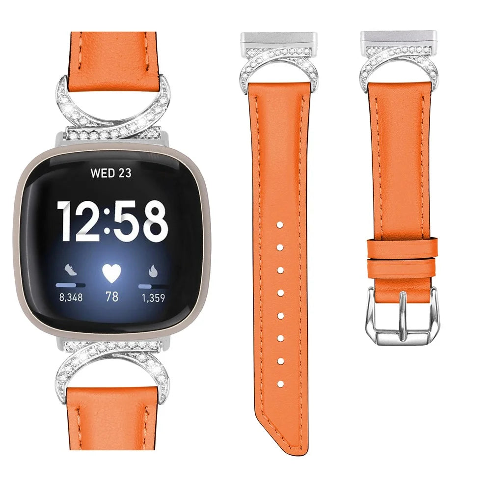 For Fitbit Versa 3 / Versa 4 / Sense / Sense 2 Rhinestone D-shape Connector Wrist Band Split Leather Watch Strap with Silver Buckle - Orange - 3