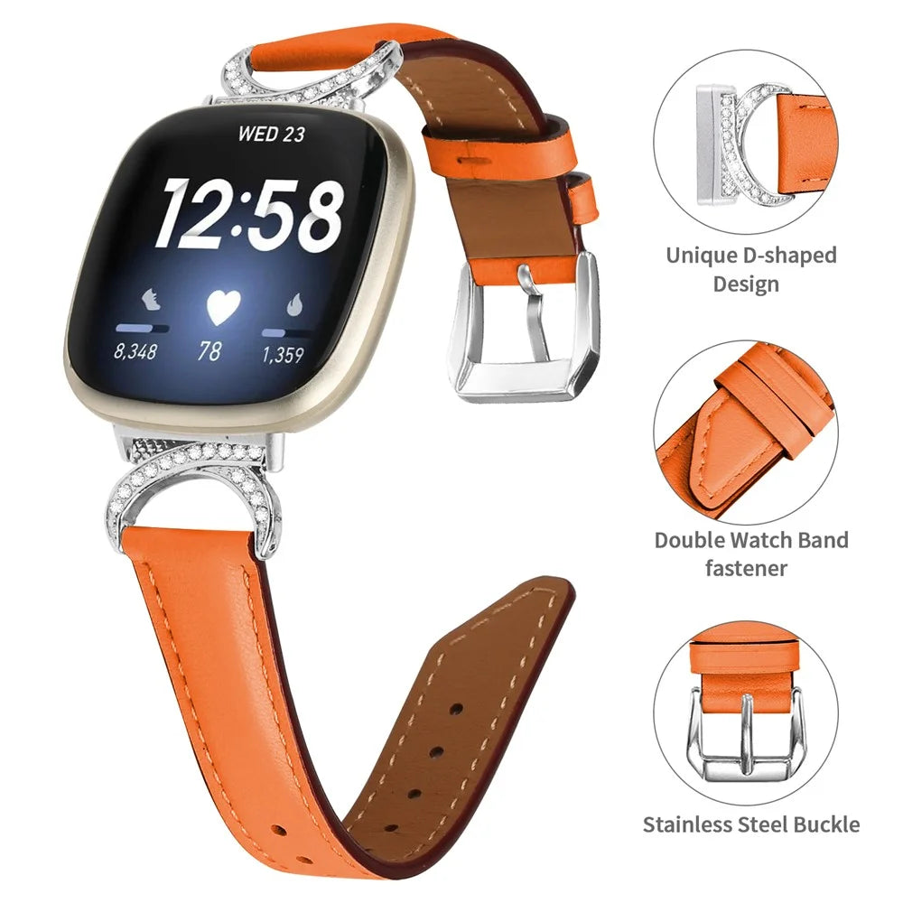 For Fitbit Versa 3 / Versa 4 / Sense / Sense 2 Rhinestone D-shape Connector Wrist Band Split Leather Watch Strap with Silver Buckle - Orange - 4