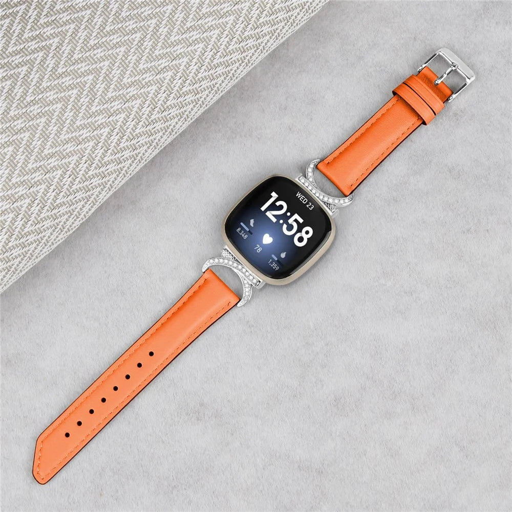 For Fitbit Versa 3 / Versa 4 / Sense / Sense 2 Rhinestone D-shape Connector Wrist Band Split Leather Watch Strap with Silver Buckle - Orange - 5