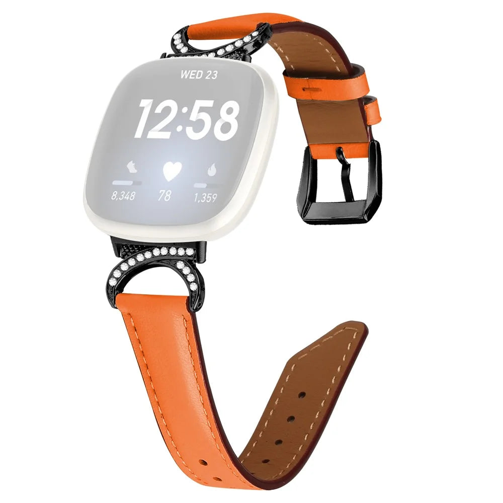 For Fitbit Versa 3 / Versa 4 / Sense / Sense 2 Split Leather Watch Strap Rhinestone D-shape Connector Wrist Band with Black Buckle - Orange - 1