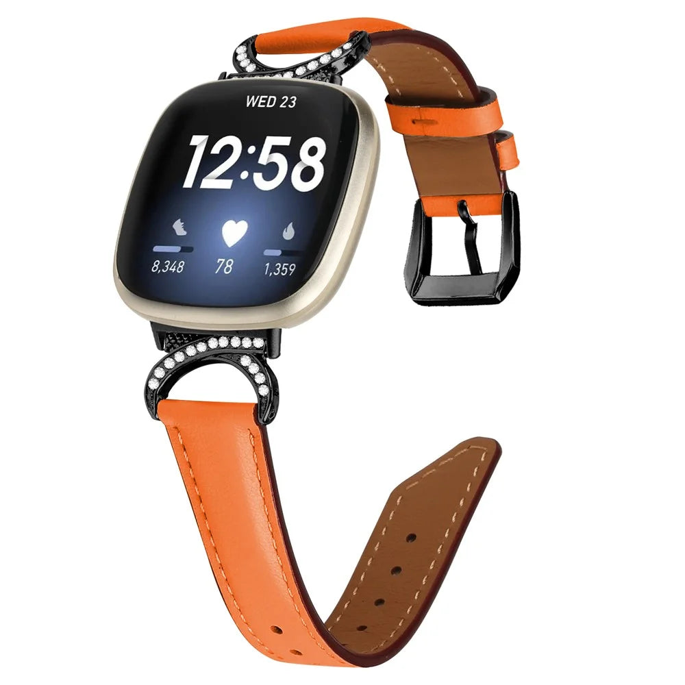 For Fitbit Versa 3 / Versa 4 / Sense / Sense 2 Split Leather Watch Strap Rhinestone D-shape Connector Wrist Band with Black Buckle - Orange - 2